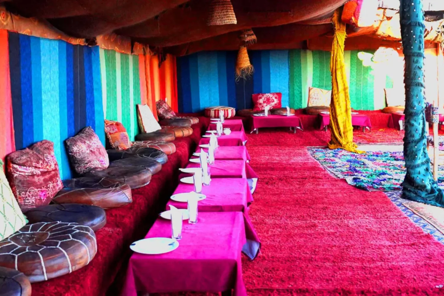 Beautiful dining setup in the Agafay Desert with traditional Moroccan décor